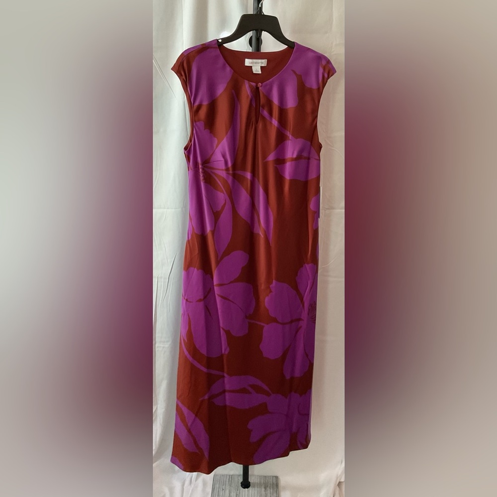 Liz Claiborne, Floral Midi Dress, Brown Purple Sleeveless Keyhole Neck